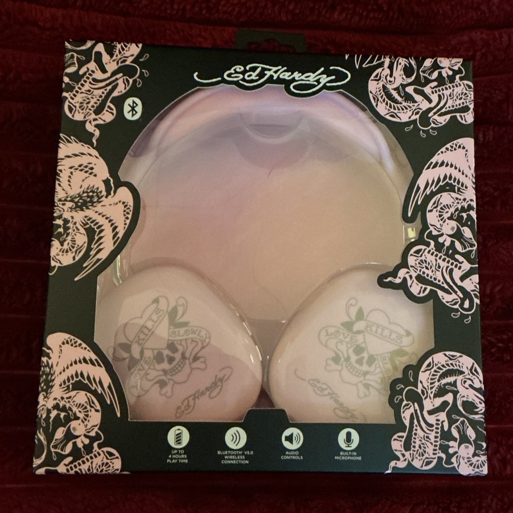 Ed Hardy Pink White Skull Wireless Headphones